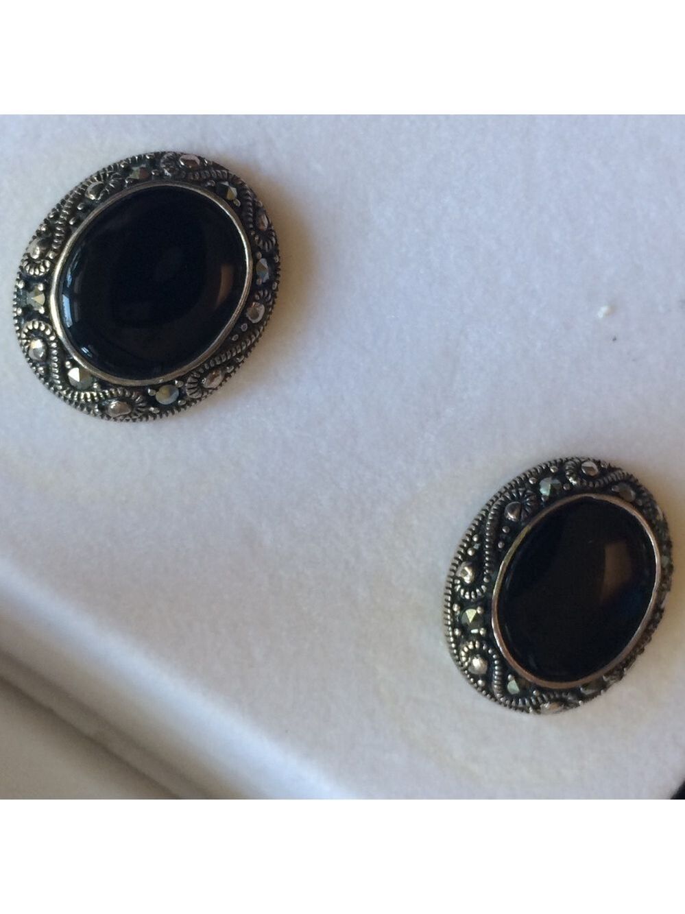 Sterling silver and Marcasite black onyx oval earrings classic dressy evening